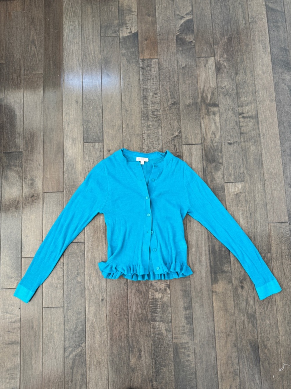 J. Crew Teal Ruffled Hem Button-Up Cardigan